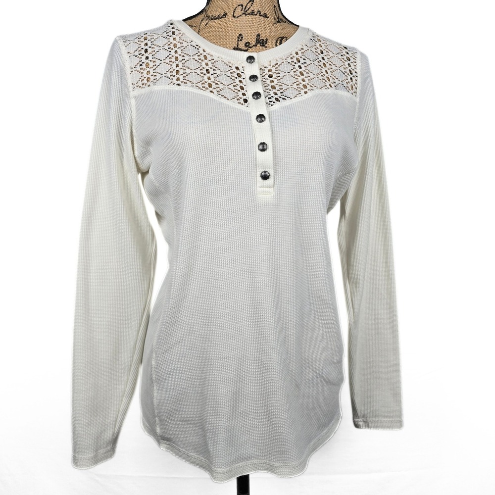 Ariat Womens Ivory Waffle Knit Henley Top Crochet Lace Yoke Long Sleeve Large